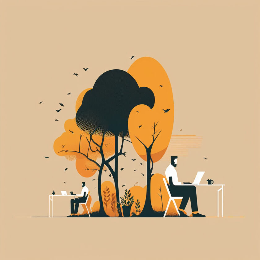 Illustration for Web Design: person working on laptop near stylized trees with birds flying