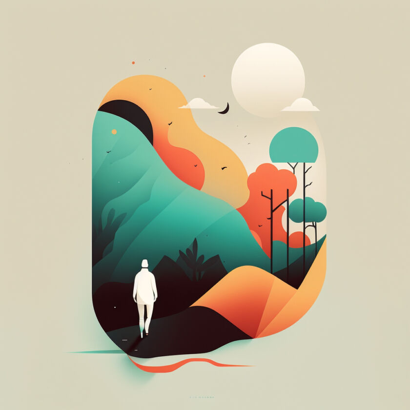 Illustration for Graphisme: colorful stylized mountains and trees with a person walking