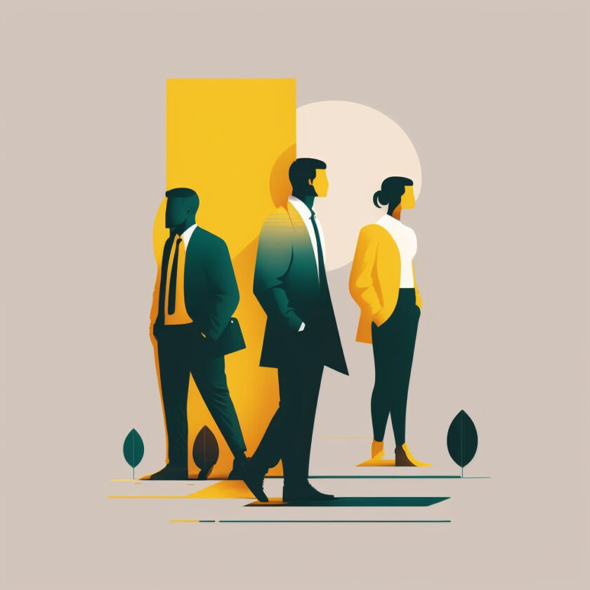 Illustration for Conseils: three business people standing in front of abstract shapes and a large sun